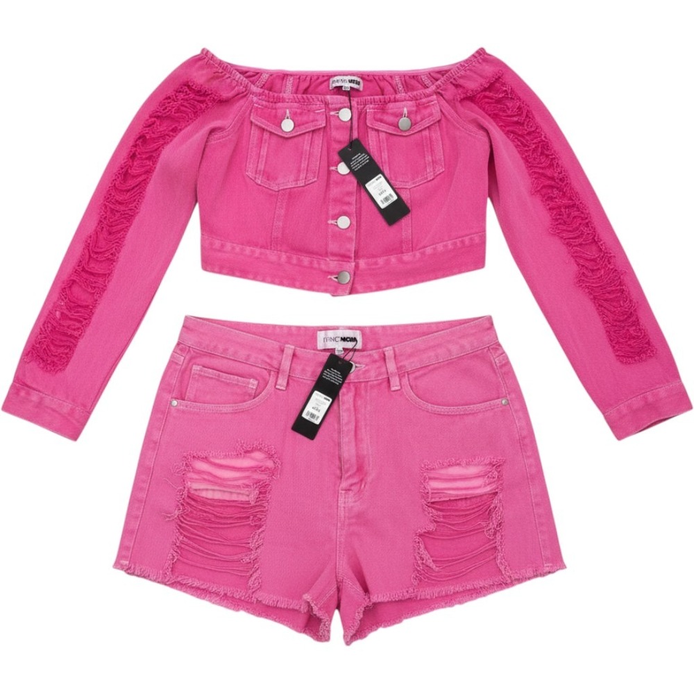 Fashion Nova Pink Denim Set Distressed Crop Jacket Shorts HAC10TOP HAC10SHORT